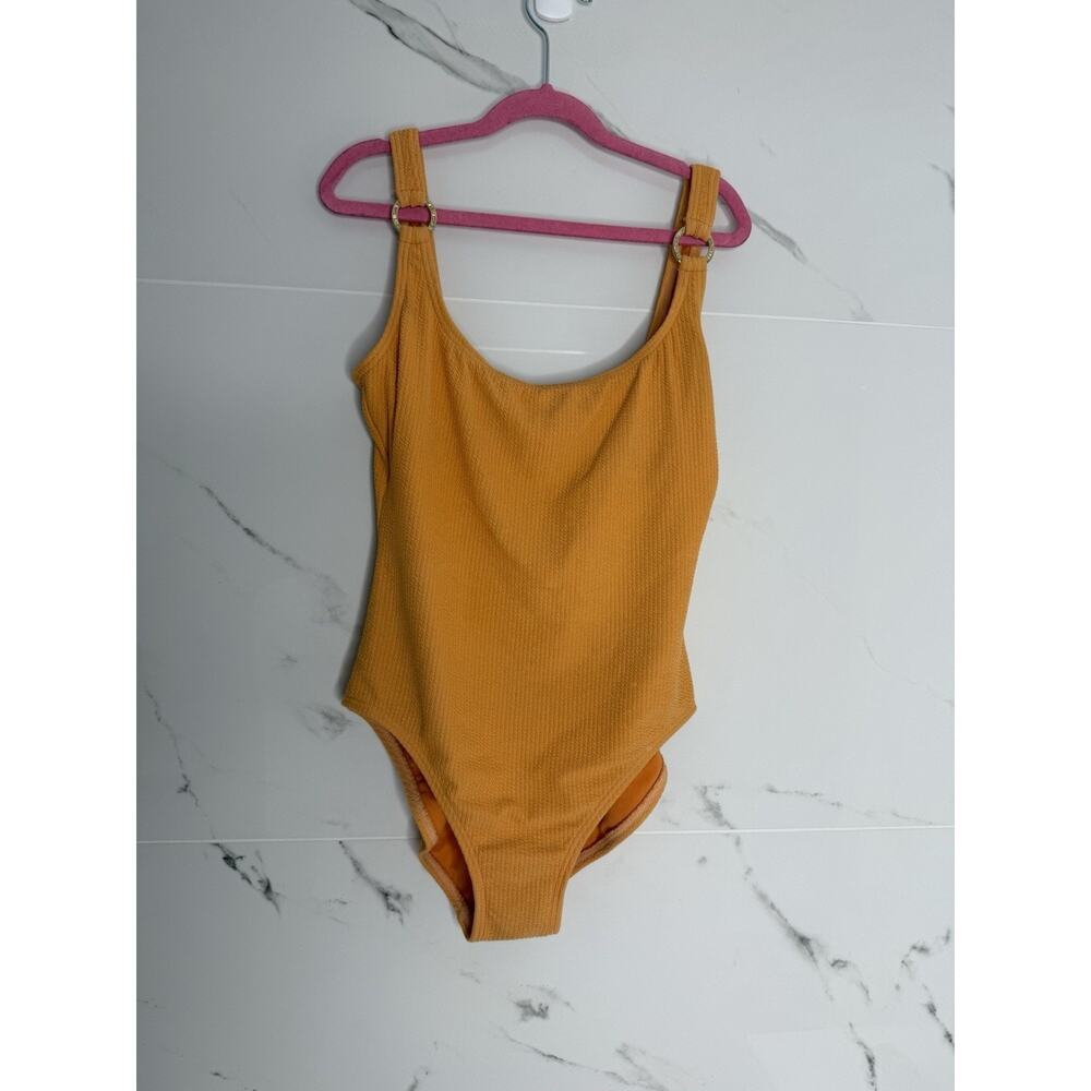 Michael Kors Bathing Suit Sz 10 Logo Solid Ribbed Square Neck One-Piece Orange